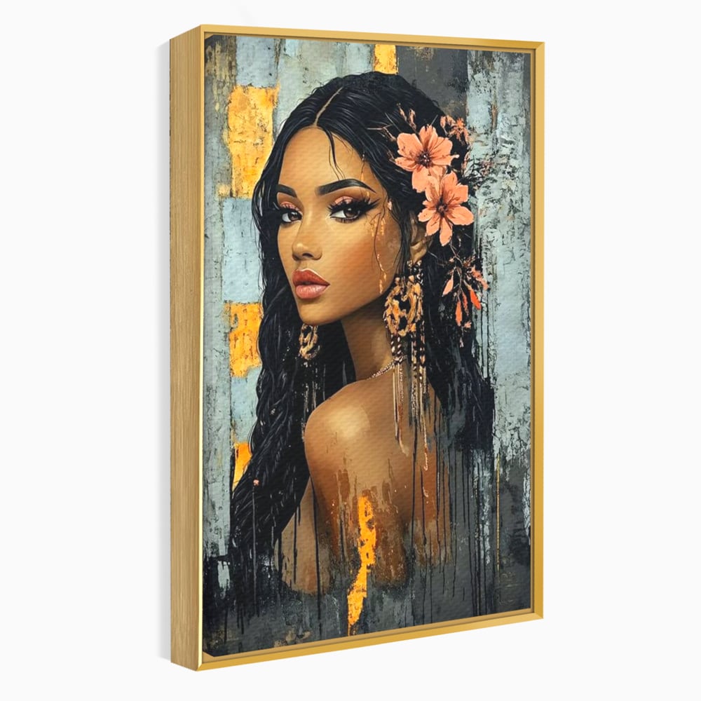 Tablou canvas cu tablou canvas cu femeie si flori in par, in rama de aluminiu auriu
